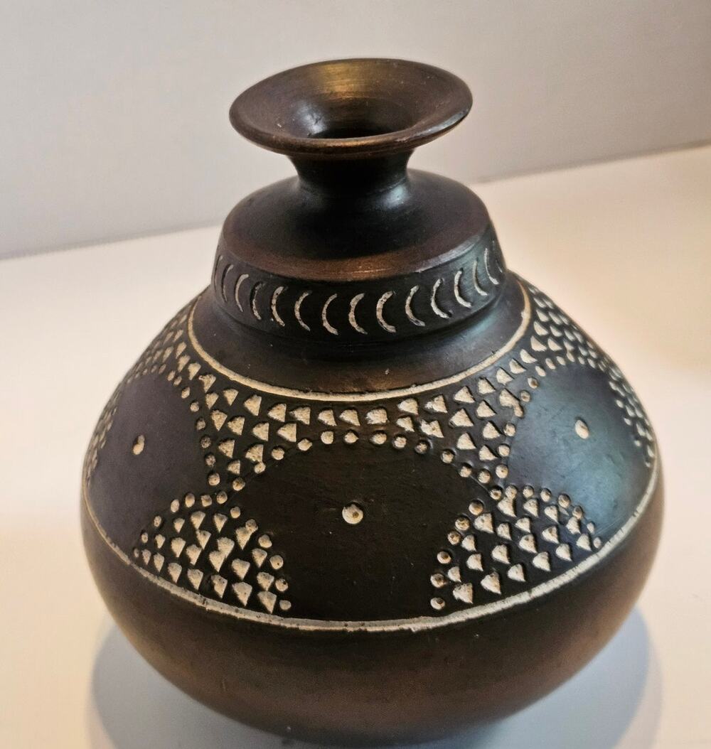 Handcrafted Dark Clay or Blackware pottery Vase Signed etched dot pattern